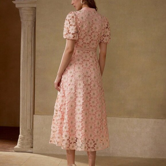 Pink Elegant Women's Floral Embroidered Puff Sleeve Fitted waist dress - Picture 7 of 7